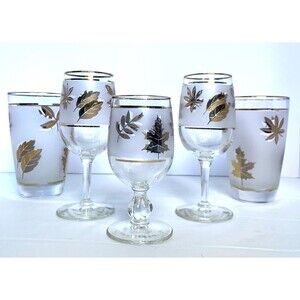Vintage Libbey Golden Foliage Frosted Glassware – Set of 5 – 1950s Mid-Century B